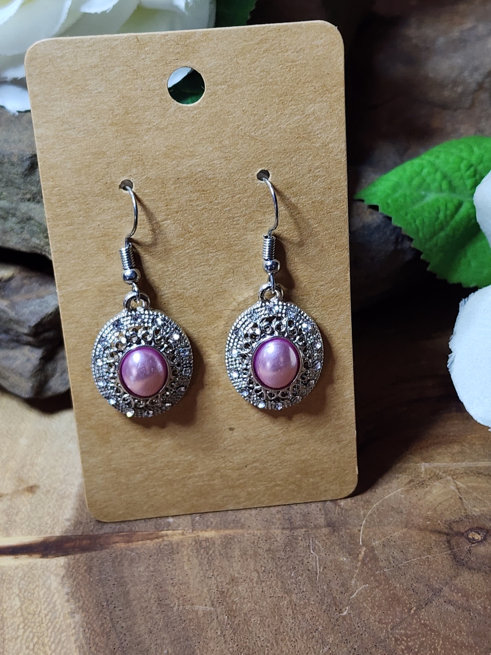 Silver Toned Filigree Drop Earrings with Faux Pink Pearl Accent